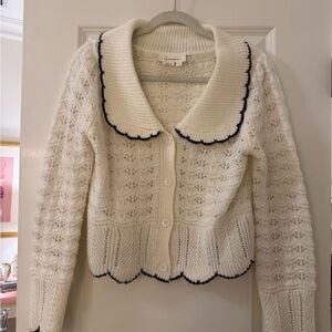 Anthropologie Endless Rose White Cardigan with Black Scallop Trim — size M